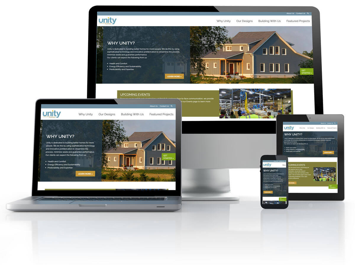 Unity Homes website shown on difference sized computer screens.